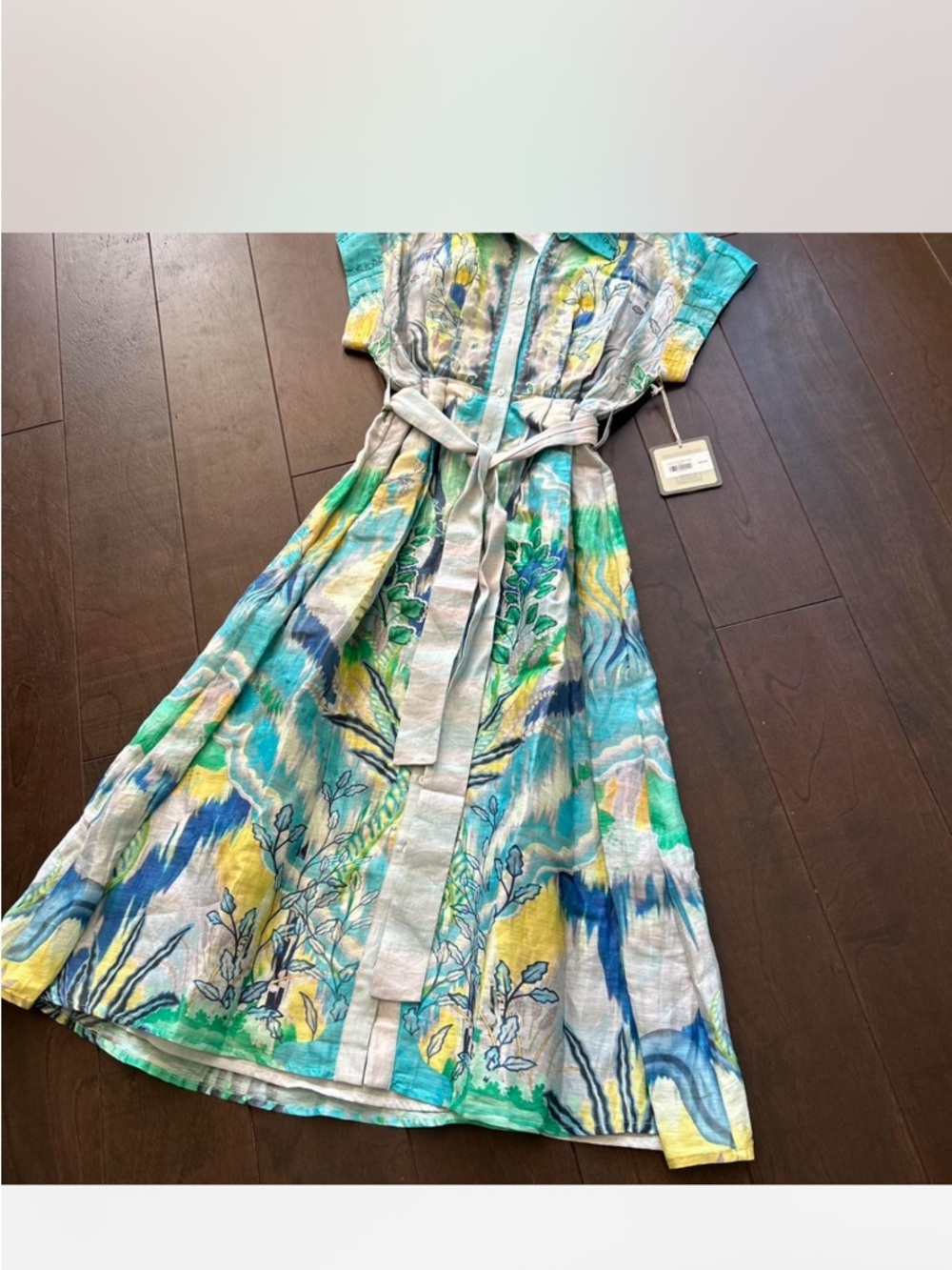 NWT La Fuori Teal Multi-Color Floral Maxi Shirt Dress with Tie Belt
